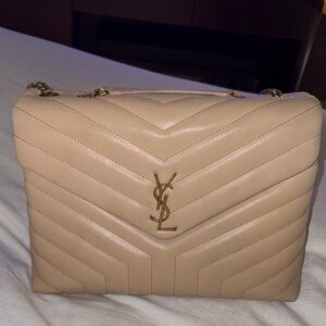 Saint Laurent Beige Quilted Chevron Leather Shoulder Bag with Gold YSL Logo